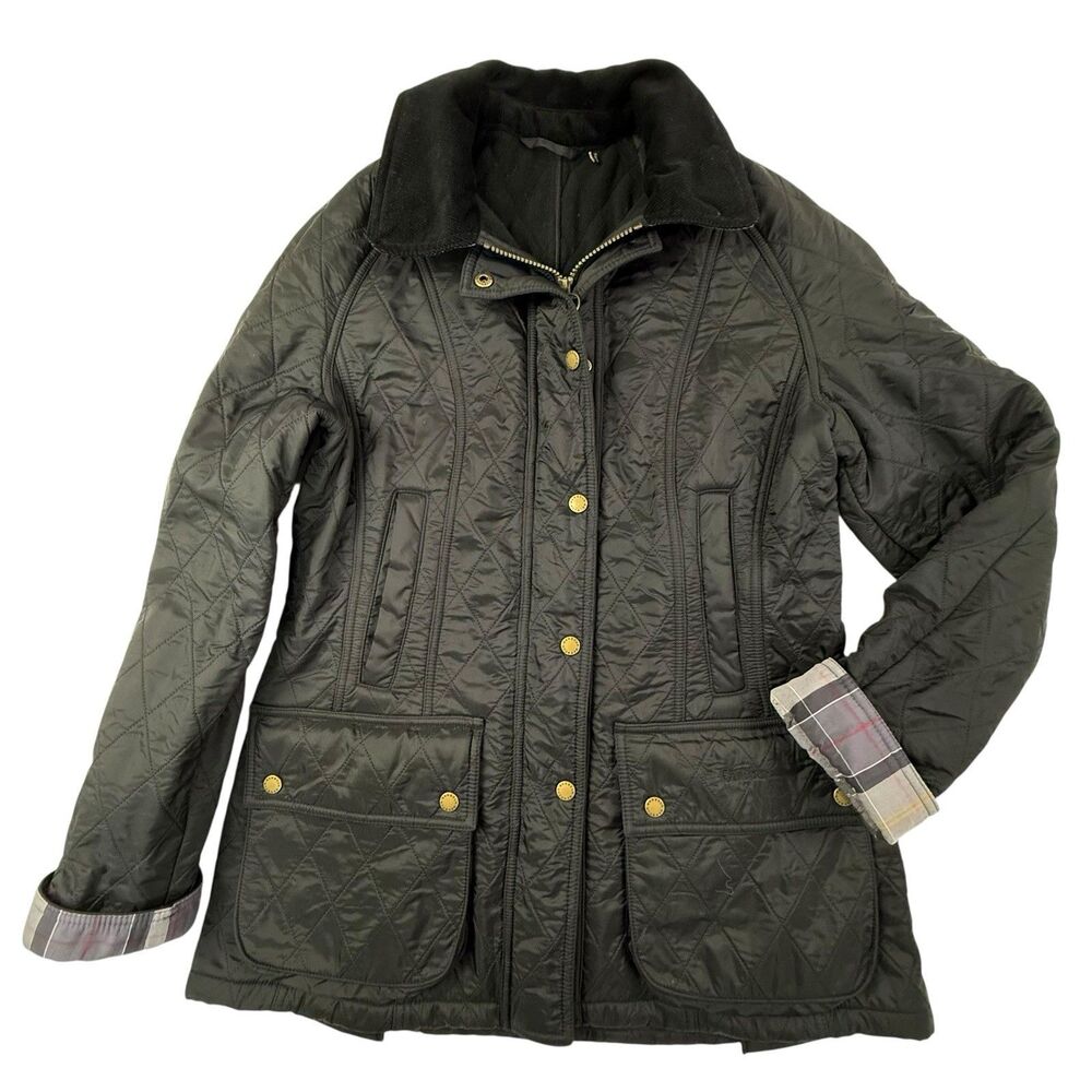 Barbour Beadnell Polarquilt Jacket Women 8 Black Tartan Corduroy Collar Chore